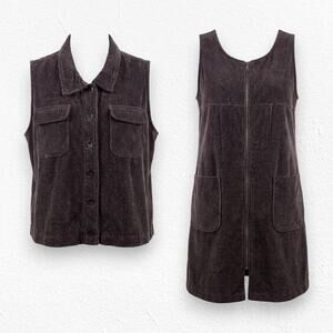 Vintage 80s Venezia Brown Corduroy Cottagecore Dress Vest Set Plus Size 2X